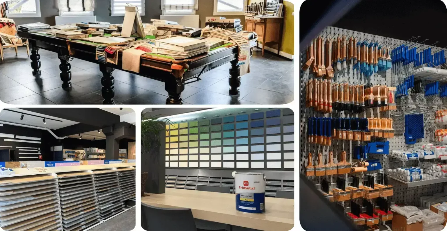 Aperçu du magasin New Goffin : large choix de peintures Trimetal, outillage professionnel, stores et rideaux, ainsi que revêtements de sol Quick-Step.